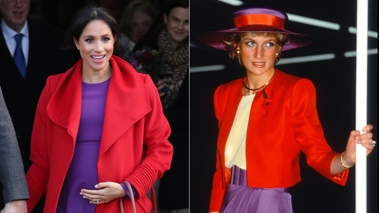 Meghan Markle and Princess Diana both in purple and red