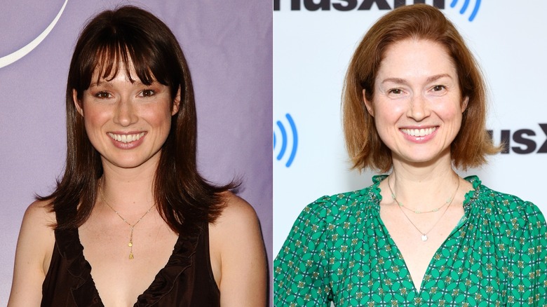 Split image of Ellie Kemper with dark brunette and red-toned hairstyles