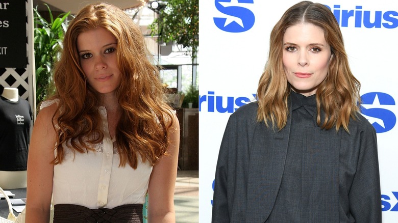 Split image of Kate Mara as a young actor with dark red hair and in 2026 with brown-toned hair
