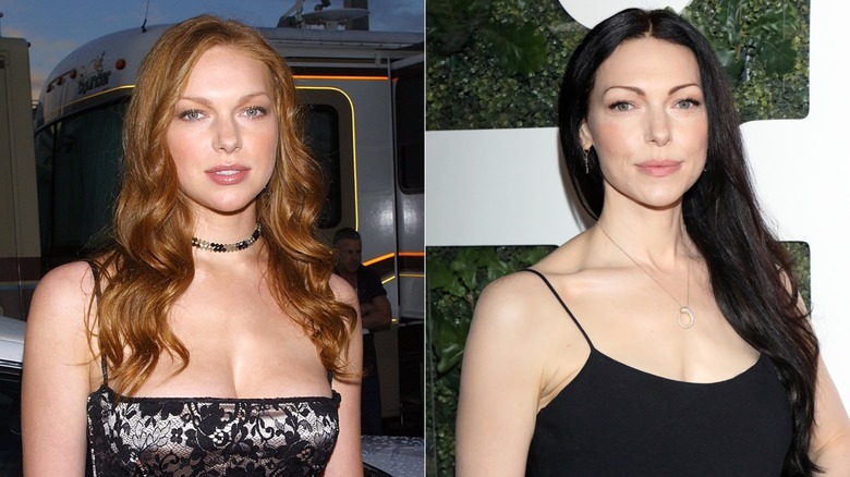 Split image of Laura Prepon as a young redhead at as a middle-aged adult with black hair