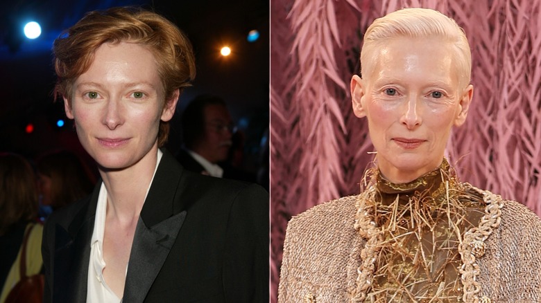 Split image Tilda Swinton as a young actor with red hair and in a contemporary photo with platinum blonde hair
