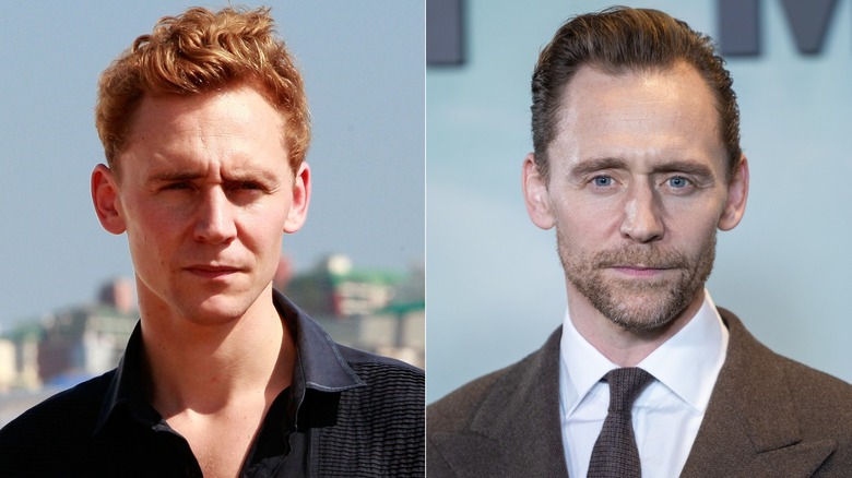 Split image of Tom Hiddleston with red and dark brown hair