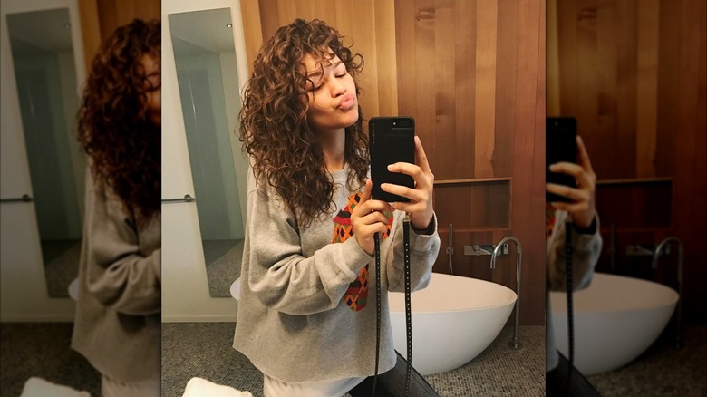 Zendaya posing for a mirror selfie while wearing her hair in natural curls