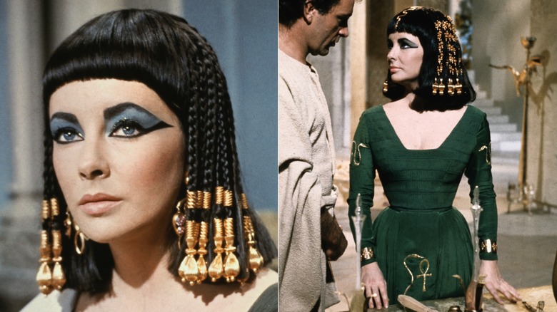 Elizabeth Taylor in Cleopatra, a headshot and full body shot, side by side photos