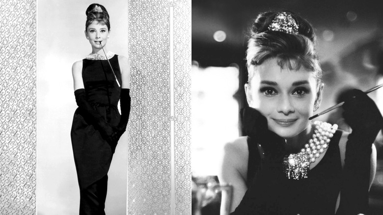 Black and white photos showing Audrey Hepburn in Breakfast at Tiffany's, side by side photos