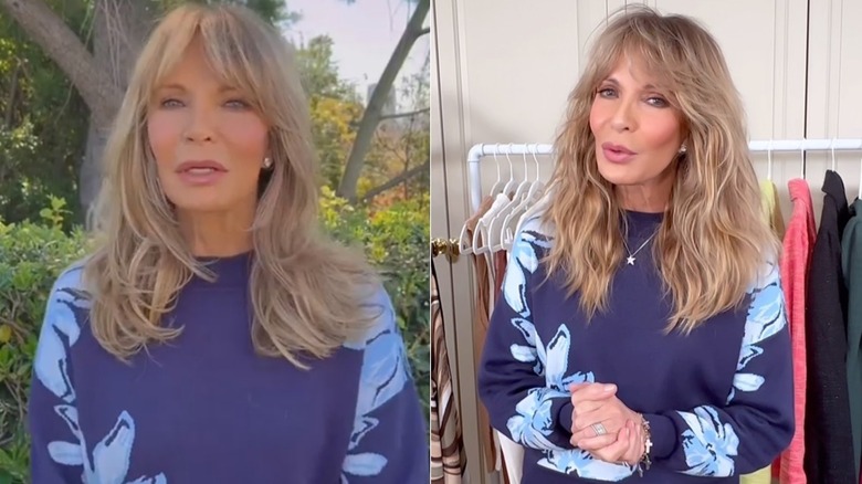 Jaclyn Smith wearing the same blue sweater on two occasions, side by side photos