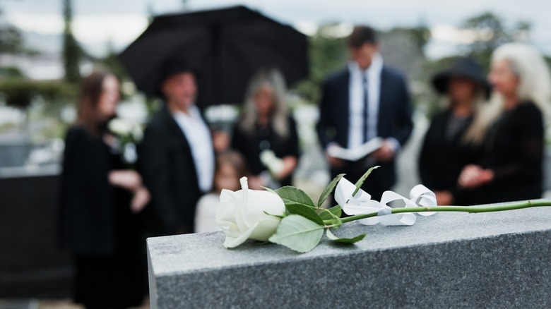 A rose on a tombstone with a blurred view of people standing behind it