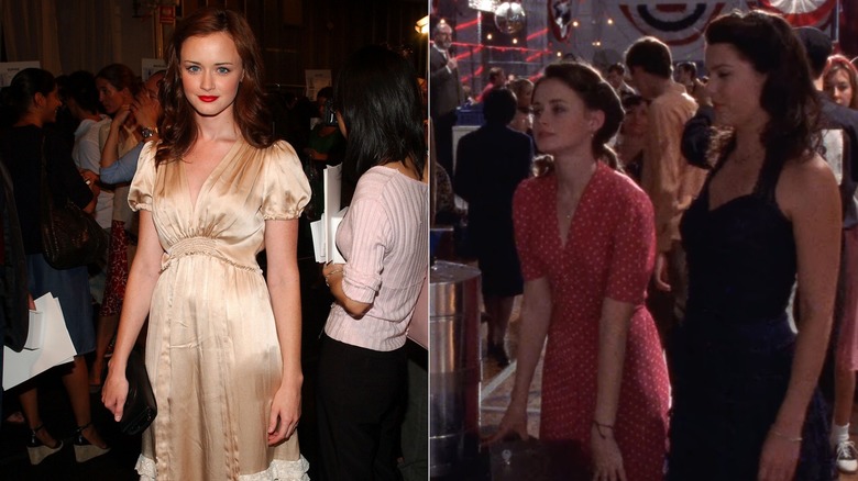 Split image of Alexis Bledel is vintage-style dresses at a fashion show and on "Gilmore Girls"