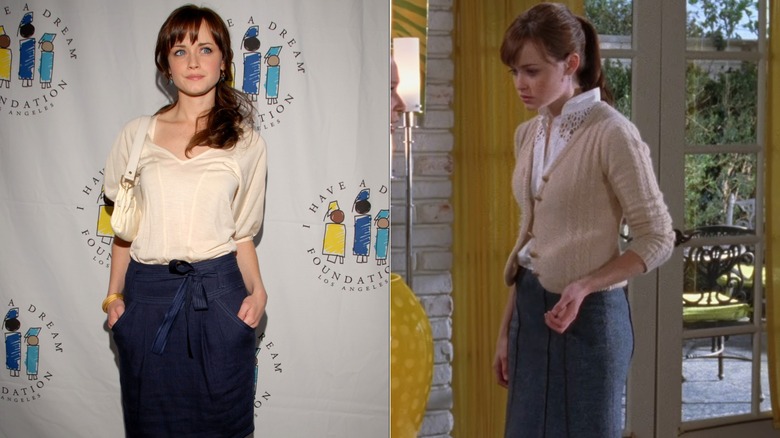 Split image of Alexis Bledel wearing a tan top and blue skirt at a charity event and on "Gilmore Girls"