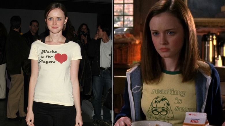 Split image of Alexis Bledel wearing a graphic tee at a short film showing and on "Gilmore Girls"