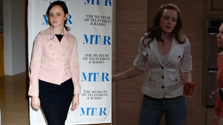 Split image of Alexis Bledel wearing a white-colored jacket at a premiere event and on "Gilmore Girls"