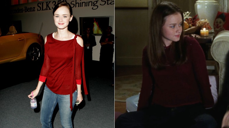 Split image of Alexis Bledel wearing casual outfits featuring red sweaters at a Fashion Week sighting and on "Gilmore Girls"