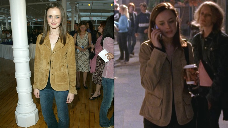 Split image of Alexis Bledel wearinga tan jacket at a casting call and on "Gilmore Girls"