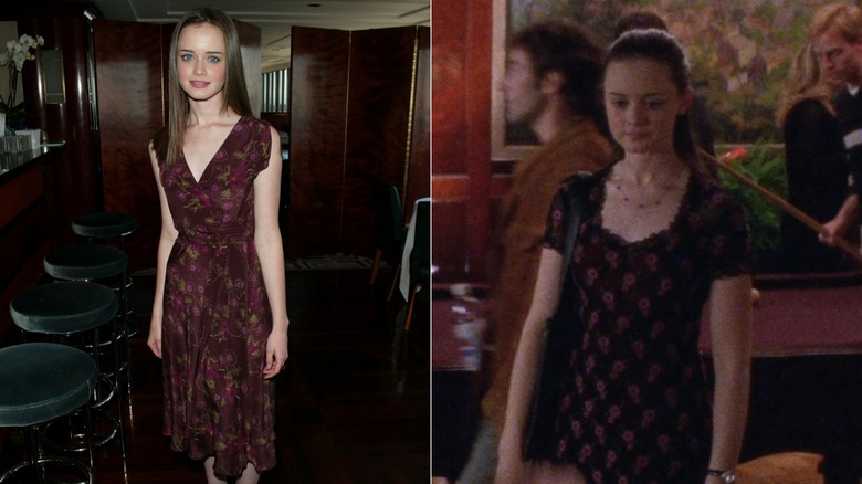 Split image of Alexis Bledel wearing dainty dresses with pink-toned accents at an event and on "Gilmore Girls"