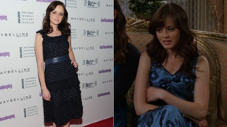 Split image of Alexis Bledel wearing a dark blue dress at a movie premiere and on "Gilmore Girls"
