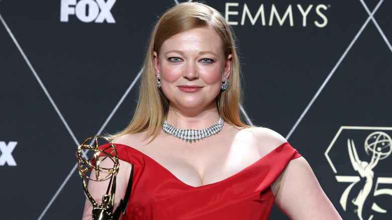 Sarah Snook, winner of Best Actress in a Drama Series for "Succession," poses in the press room during the 75th Primetime Emmy Awards at Peacock Theater on January 15, 2024