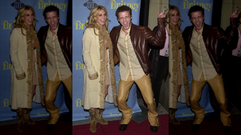 Britney Spears and Justin Timberlake in matching tan outfits in 2001