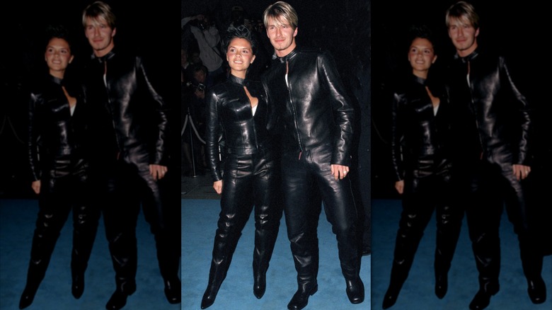 Victoria and David Beckham in matching black jumpsuits in 1999