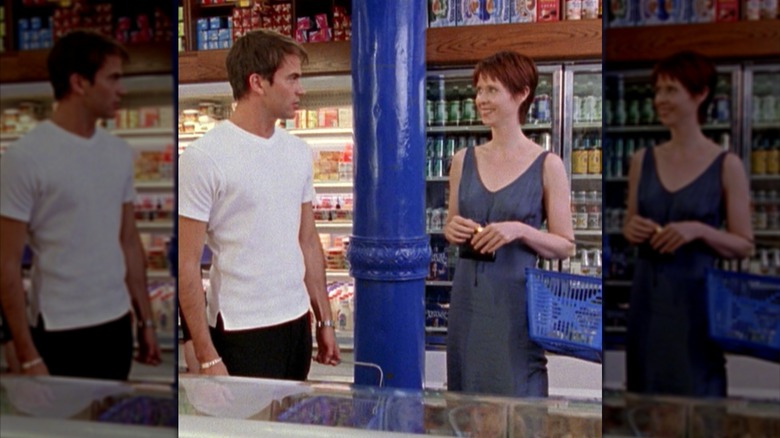 Miranda Hobbes talking to a man in a grocery store
