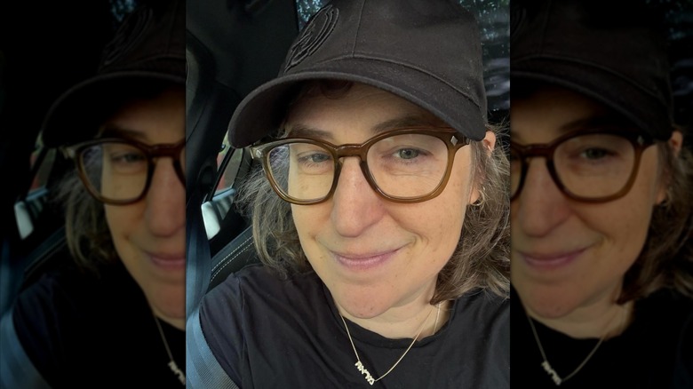 Mayim Bialik wearing a black hat