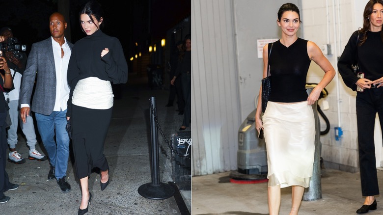 Two images of Kendall Jenner in a pencil skirt in New York City