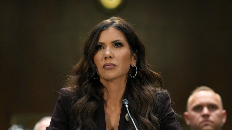 Kristi Noem testifies before the Senate Judiciary Committee in the Dirksen Senate Office Building in March 2026