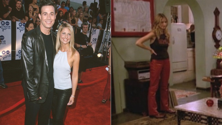 Split image of Sarah Michelle Gellar and Freddie Prinze Jr. at the MTV Movie Awards and in "Buffy the Vampire Slayer"