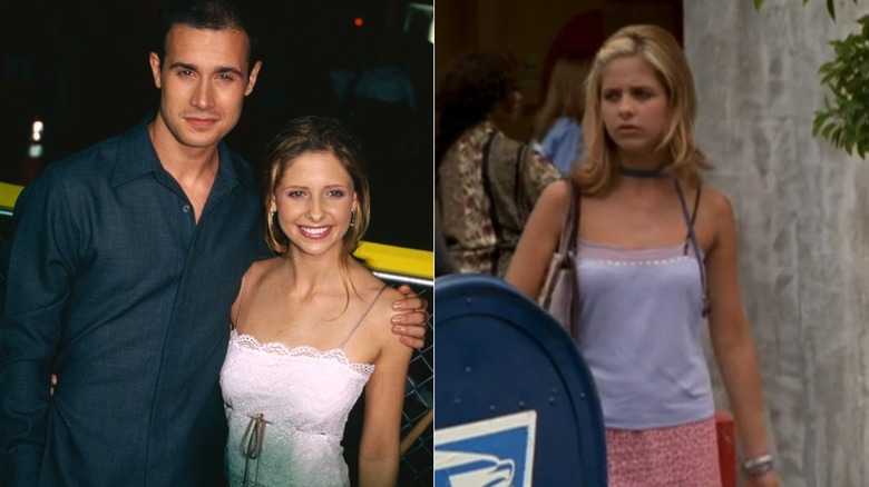Split image of Sarah Michelle Gellar with Freddie Prinze Jr. at a movie premiere and in "Buffy the Vampire Slayer"