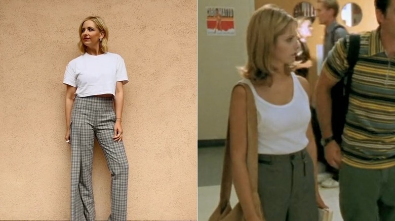 Split image of Sarah Michelle Gellar posing against an orange wall and in "Buffy the Vampire Slayer"