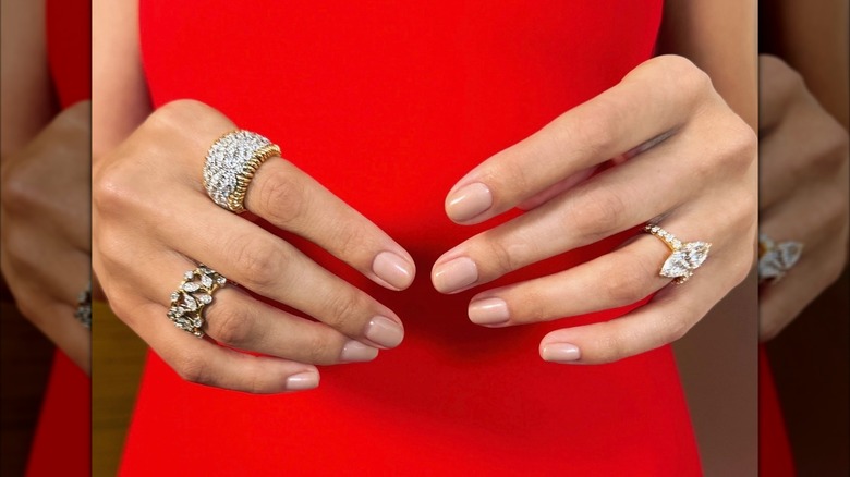 Close-up of Selena Gomez's nude nails for the 2025 Emmy's