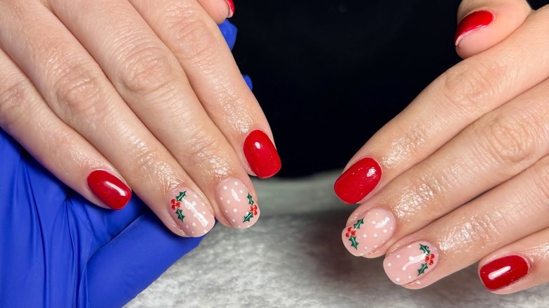 Red and white polka dot nails