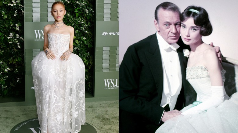 Split image of Ariana Grande and Audrey Hepburn posing in gauzy, light-colored gowns