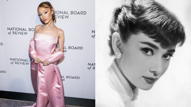 Split image of Ariana Grande in a pink gown and a close-up or Audrey Hepburn