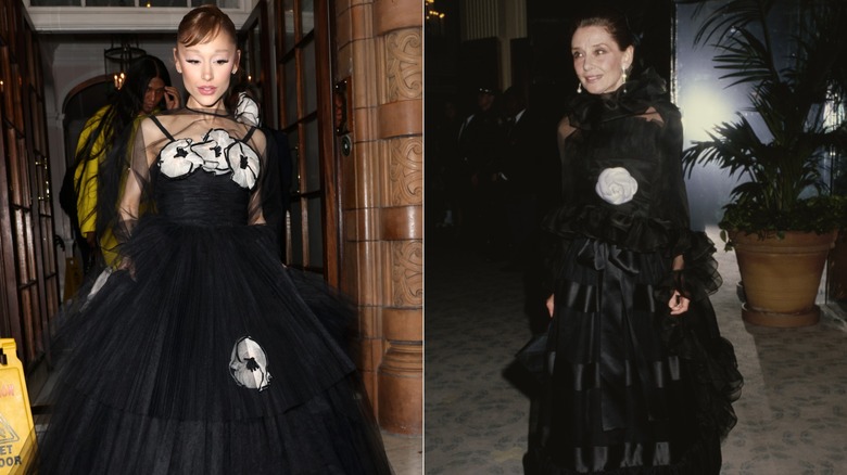 Split image of Ariana Grande and Audrey Hepburn wearing black gowns with white flower details