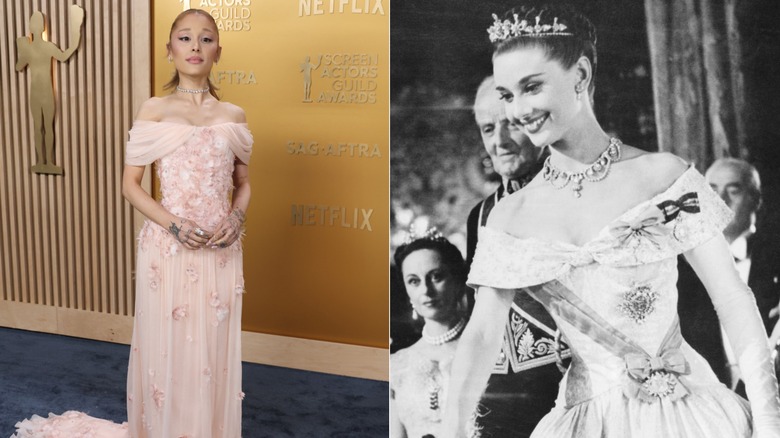 Split image of Ariana Grande and Audrey Hepburn wearing off-the-shoulder gowns