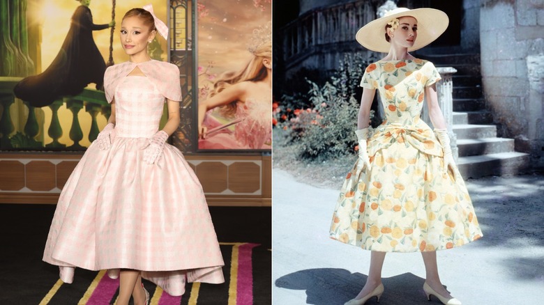 Split image of Ariana Grande and Audrey Hepburn wearing '50s-style gowns with patterns