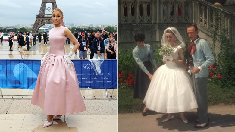 Split image of Ariana Grande posing at the Paris Olympics and Audrey Hepburn wearing a wedding dress in "Funny Face"