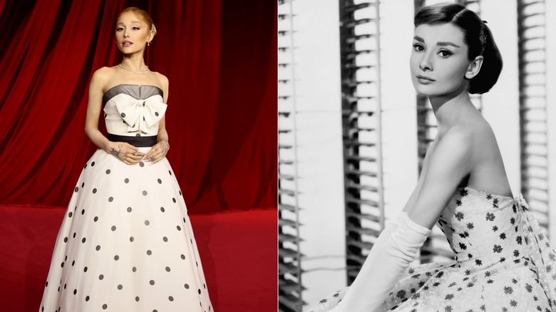 Split image of Ariana Grande and Audrey Hepburn both wearing polka-dotted dresses