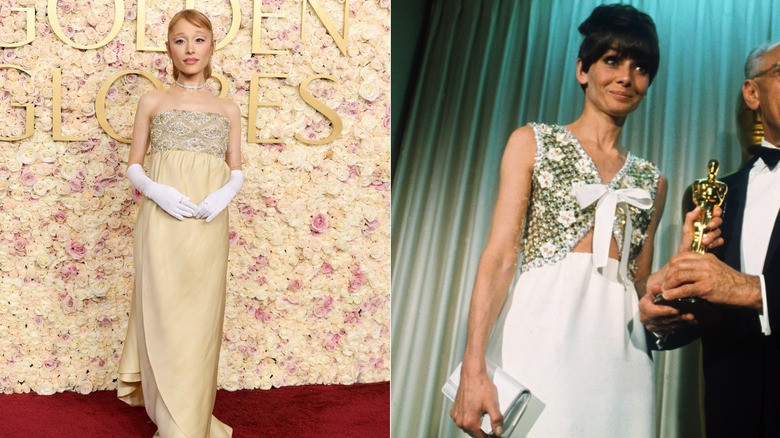 Split image of Ariana Grande and Audrey Hepburn wearing dresses with beaded bodices