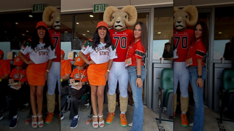 Lauren Boebert and Raven Finegan at a sports game with the Colorado State University ram mascot