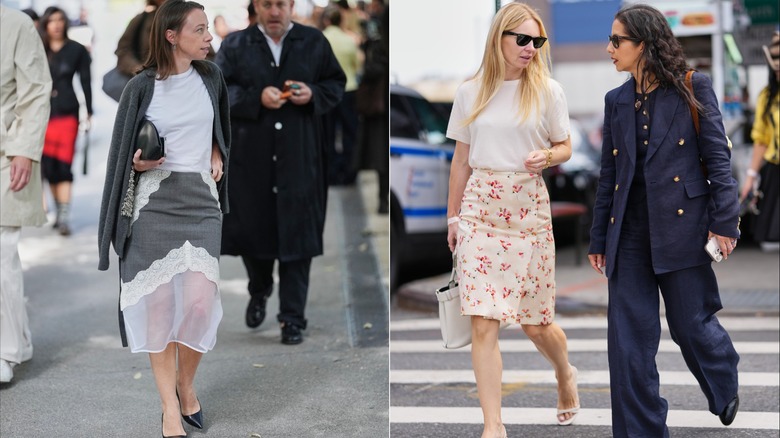 A woman wearing a lace-mesh pencil skirt and white T-shirt, next to a picture of a woman wearing a floral pencil skirt and white T-shirt