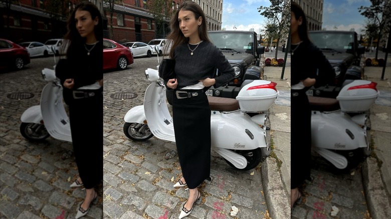 Influencer Michal Kurtis in a monotone pencil skirt and sweater look