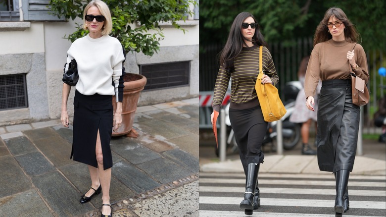 L: Naomi Watts arrives at the Ferragamo fashion show during the Milan Womenswear / R: Two fashion week attendees wear roundneck sweaters with a pencil skirt