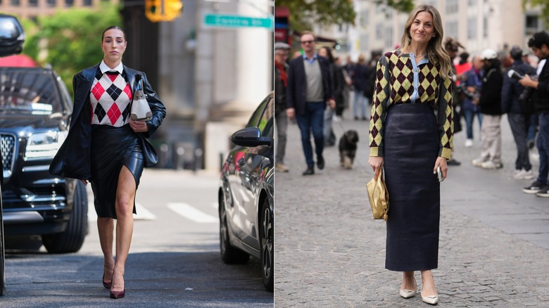 L: Influencer Ginevra Mavilla photographed during New York Fashion week / R: A fashion week attendee styles a yellow argyle sweater with a maxi leather pencil skirt