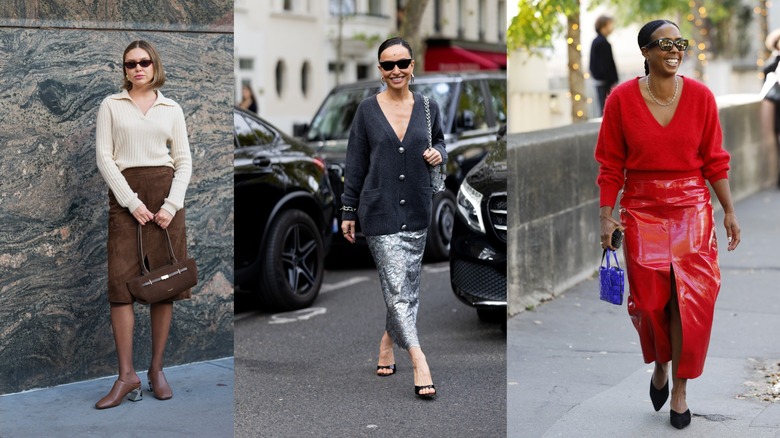 1st: NYFW attendee styles a v-neck beige knit with brown suede skirt / 2nd: Sabrina Sato poses for a photo at Paris Fashion Week / 3rd: A Paris Fashion Week attendee styles a red v-neck sweater with red leather skirt