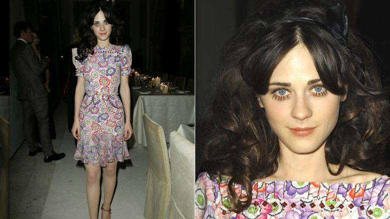 Zooey Deschanel wearing a patterned dress at the Gucci Spring 2006 Fashion Show to Benefit Children's Action Network and Westside Children's Center