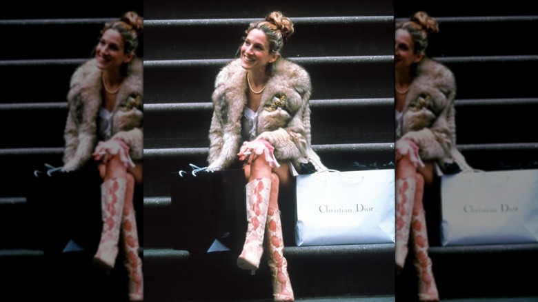 Carrie Bradshaw in fur coat and snakeskin boots