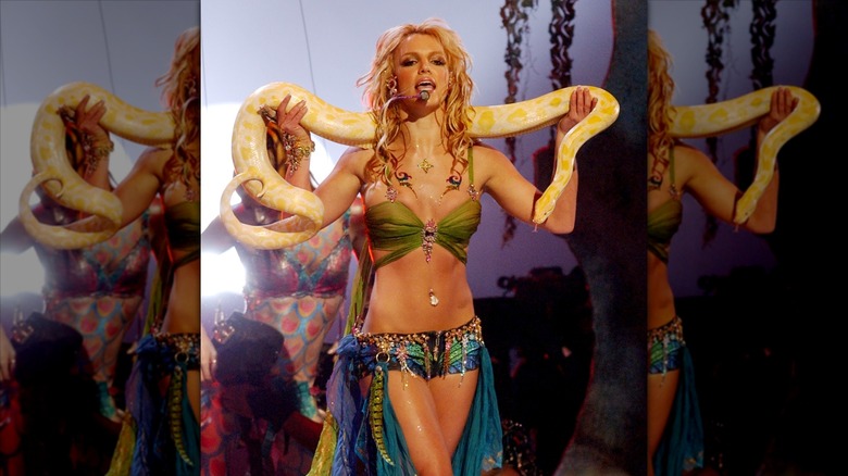 Britney Spears holds onto a snake during a performance.