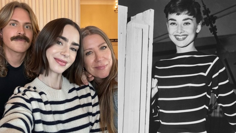 Lily Collins in a striped sweater with her glam team and Audrey Hepburn in a black and white striped shirt smiling