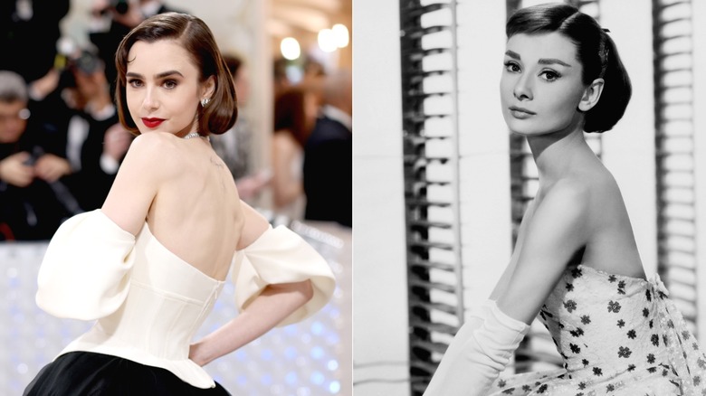 Lily Collins in a white, strapless dress and Audrey Hepburn in a strapless dress